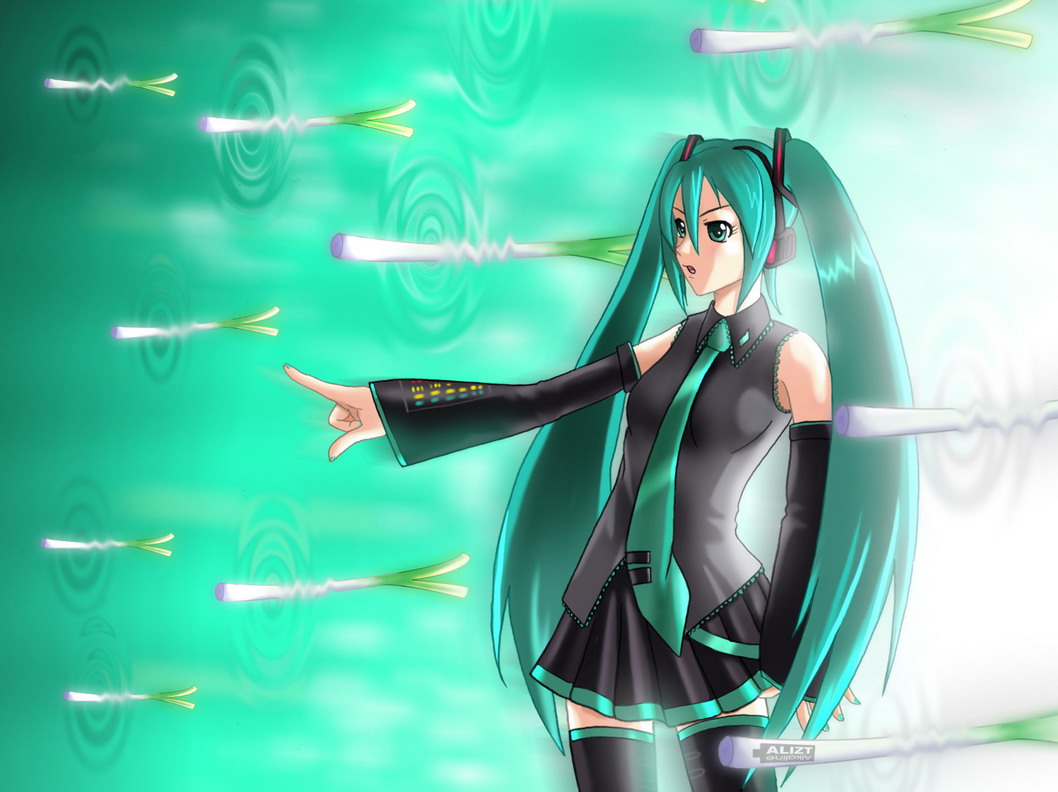 artist_request black_skirt detached_sleeves fate/stay_night fate_(series) gate_of_babylon green_eyes green_hair hatsune_miku headgear headphones long_hair long_sleeves number outstretched_arms parody pleated_skirt skirt solo spring_onion standing tattoo thighhighs twintails very_long_hair vocaloid zettai_ryouiki
