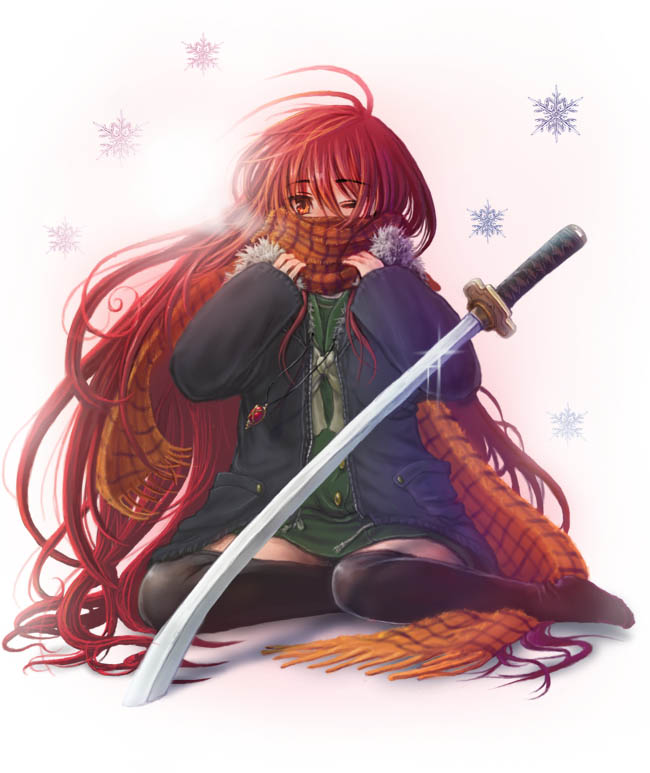 abokadon alastor_(shakugan_no_shana) jewelry pendant plaid plaid_scarf red_hair scarf shakugan_no_shana shana snow sword weapon
