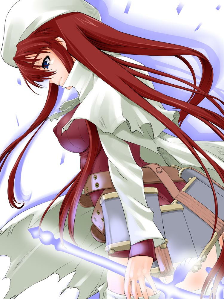 aty_(summon_night) belt beret blue_eyes breasts buckle energy_sword from_side hat holding holding_sword holding_weapon large_breasts long_hair long_sleeves profile red_hair shinama solo summon_night summon_night_3 sword very_long_hair weapon