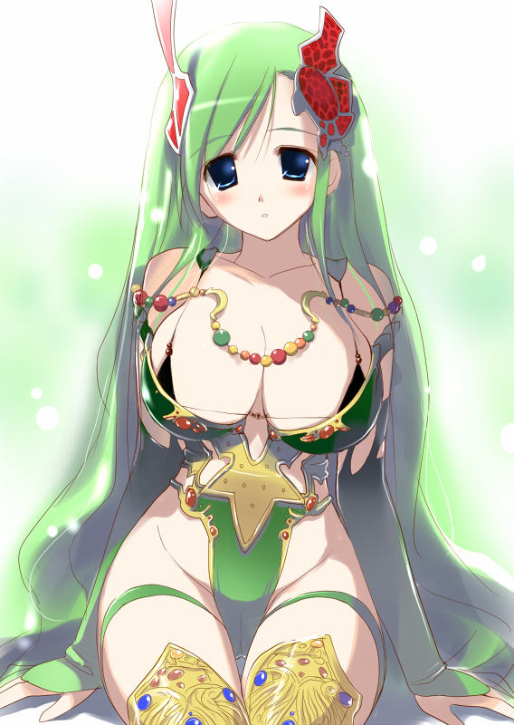 bare_shoulders bikini_top blue_eyes blush breasts bridal_gauntlets cameltoe cleavage collarbone final_fantasy final_fantasy_iv final_fantasy_iv_the_after green_hair green_leotard groin hair_ornament hima jewelry kneehighs large_breasts leotard long_hair looking_at_viewer older revealing_clothes rydia sitting solo thigh_strap very_long_hair