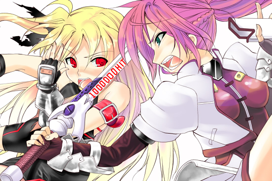 armlet battle black_gloves blonde_hair blush boshinote breasts buckle capelet duel elbow_gloves eye_contact fate_testarossa gauntlets gloves green_eyes hits holding holding_sword holding_weapon levantine looking_at_another lyrical_nanoha mahou_shoujo_lyrical_nanoha mahou_shoujo_lyrical_nanoha_a's medium_breasts multiple_girls pink_hair red_eyes signum sword upper_body weapon