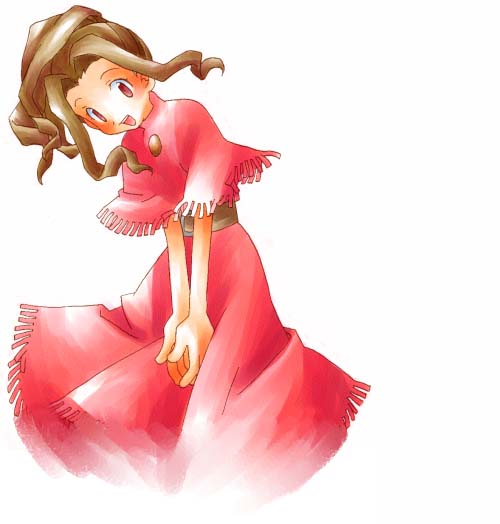 :d artist_request blush brown_eyes brown_hair digimon digimon_adventure dress fringe_trim long_dress long_hair open_mouth smile solo tachikawa_mimi