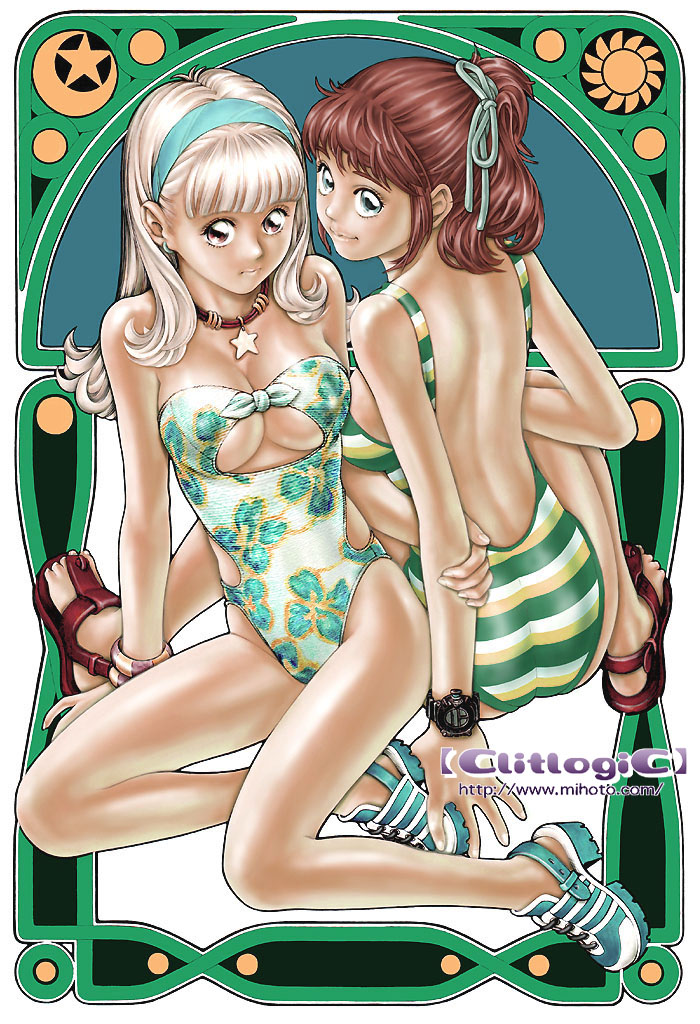blonde_hair brown_eyes brown_hair cleavage_cutout copyright_request green_eyes hairband long_hair looking_back mihoto_kouji multiple_girls non-web_source one-piece_swimsuit sandals short_hair striped swimsuit