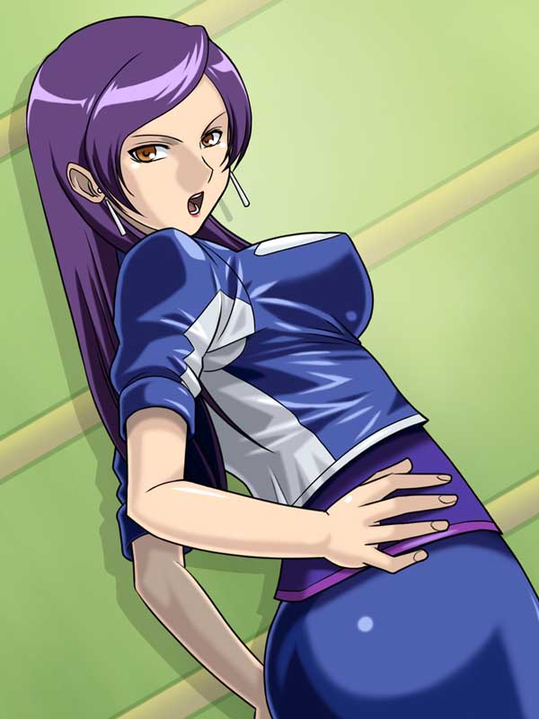 angry ass breasts covered_nipples crop_top digimon digimon_savers earrings from_behind hand_on_hip jacket jewelry kurosaki_miki large_breasts lipstick long_hair looking_back makeup mature miniskirt onda_takeshi open_mouth orange_eyes pencil_skirt purple_hair shadow shiny shiny_clothes skin_tight skirt solo spandex standing