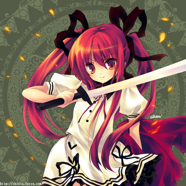 hair_ribbon long_hair red_eyes red_hair ribbon shakugan_no_shana shana shinia solo sword twintails weapon