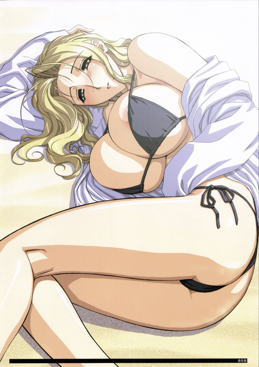 areola_slip areolae bikini blonde_hair breasts cleavage copyright_request highres huge_breasts long_hair lying magaki_ryouta side-tie_bikini solo swimsuit