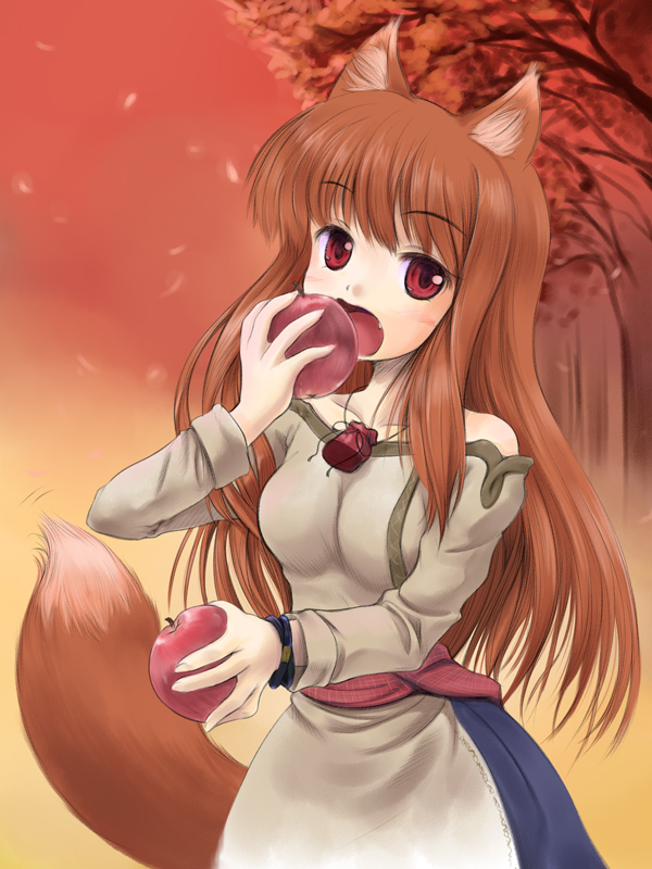 animal_ears apple brown_hair eating fang food fruit holding holding_food holding_fruit holo long_hair nekohane_ryou pouch red_eyes red_sky sky solo spice_and_wolf tail wolf_ears