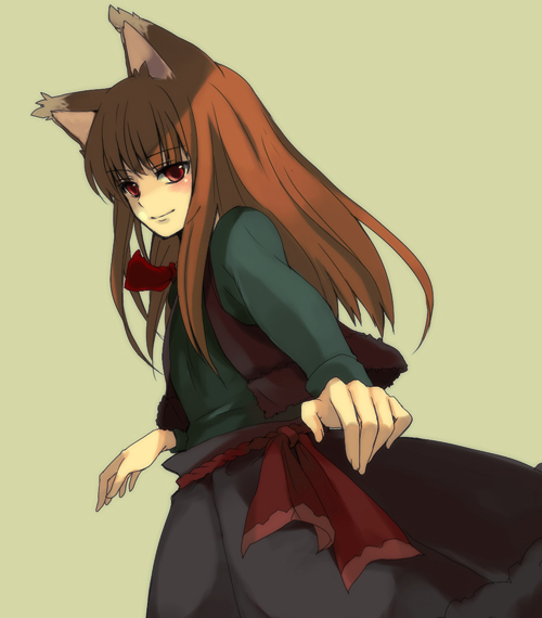 animal_ears green_background holo long_hair lowe_(slow) simple_background solo spice_and_wolf wolf_ears