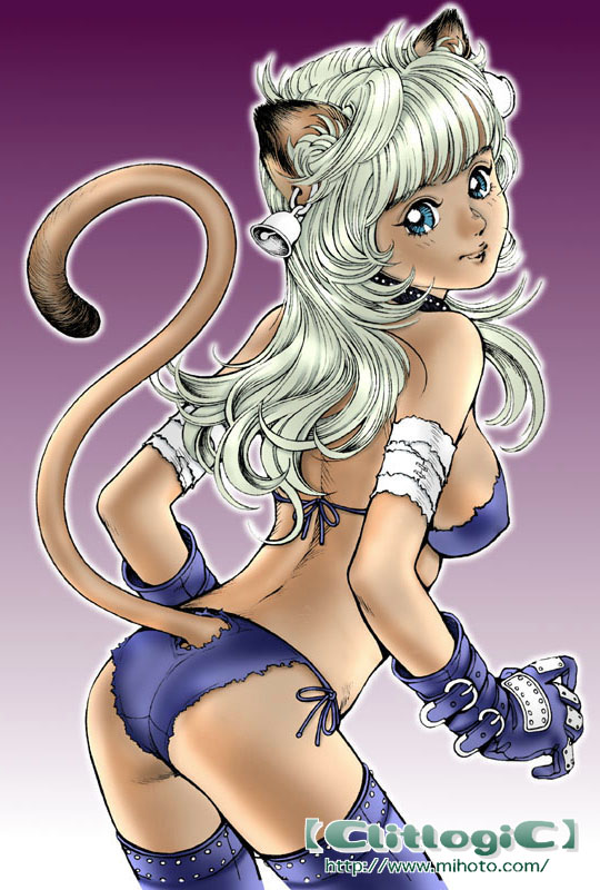 animal_ears ass bandages bell_earrings bikini blonde_hair blue_bikini cat_ears cat_tail collar cowboy_shot earrings gloves gradient gradient_background jewelry long_hair looking_at_viewer looking_back mihoto_kouji original outline side-tie_bikini solo swimsuit tail thighhighs watermark web_address