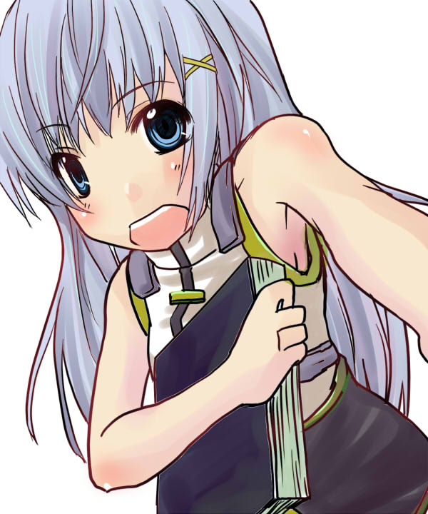 armpits bare_shoulders blue_eyes blush book_of_the_azure_sky eyebrows_visible_through_hair hair_ornament long_hair looking_at_viewer lyrical_nanoha magical_girl mahou_shoujo_lyrical_nanoha_strikers open_mouth overalls reinforce_zwei round_teeth ruku_(alicecreation) silver_hair simple_background solo teeth very_long_hair white_background x_hair_ornament