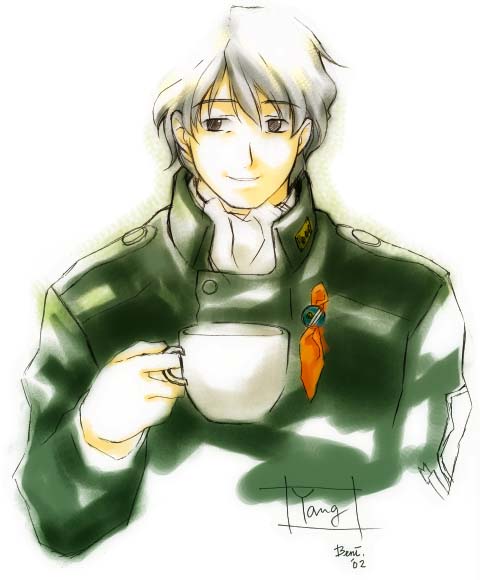 2002 artist_request ascot cup ginga_eiyuu_densetsu male_focus military military_uniform smile solo tea uniform white_background yang_wen-li