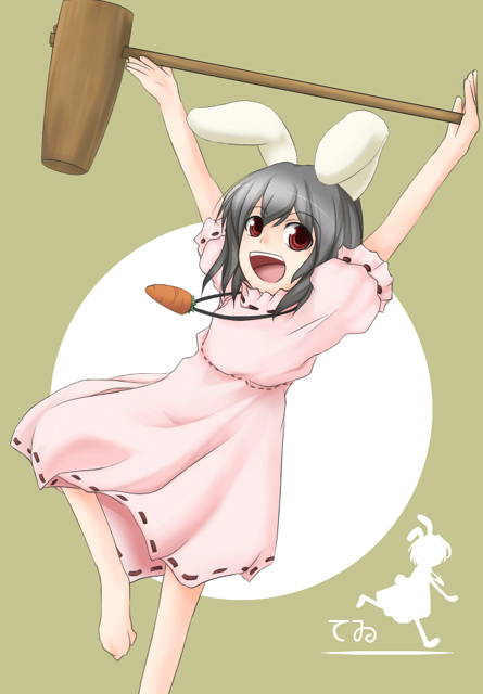 :d animal_ears bad_id bad_pixiv_id barefoot black_hair bunny_ears carrot_necklace dress hammer inaba_tewi looking_at_viewer mitsuki_(toriaezu) open_mouth pink_dress puffy_short_sleeves puffy_sleeves red_eyes short_sleeves smile solo touhou