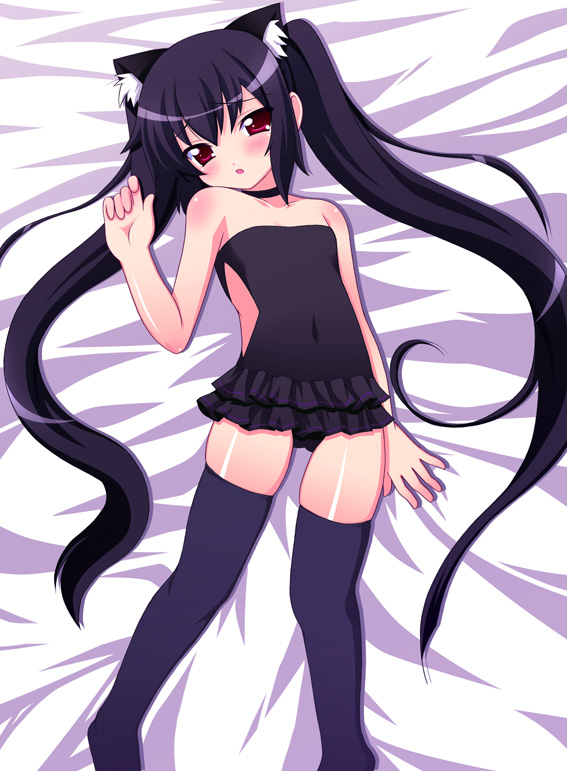 :o animal_ears bare_shoulders bed_sheet black_hair blush casual_one-piece_swimsuit cat_ears chirorian choker frilled_swimsuit frills kooh long_hair navel one-piece_swimsuit pangya red_eyes sidelocks solo swimsuit thighhighs twintails very_long_hair
