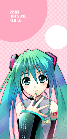 2008 aqua_hair blush character_name closed_mouth collared_shirt detached_sleeves grey_shirt hair_between_eyes hair_ornament hatsune_miku headphones headset long_hair looking_at_viewer microphone necktie number polka_dot polka_dot_background sato-pon shirt smile solo spread_fingers tattoo twintails upper_body vocaloid