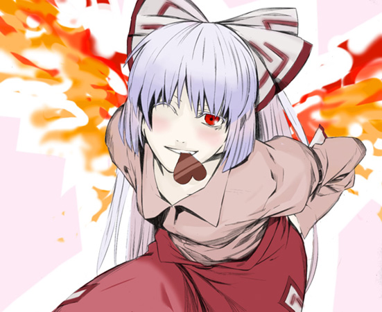 bangs bow chocolate fiery_wings fire fujiwara_no_mokou hair_bow mouth_hold one_eye_closed silver_hair solo touhou valentine wings
