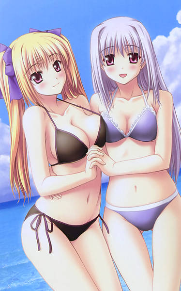 beach bikini blonde_hair breasts cleavage ecchi long_hair purple_hair shinkyoku_soukai side-tie_bikini swimsuit