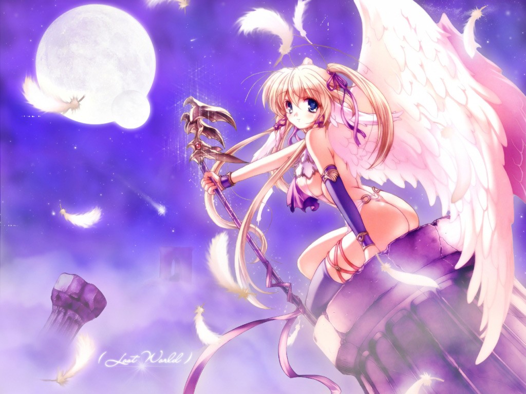 angel angel_wings arm_support ass back blonde_hair blue_eyes blush breasts cloud copyright_request detached_sleeves feathers hair_ribbon ishida_hiroyuki large_breasts long_hair looking_back moon panties ribbon sideboob single_thighhigh sitting sky smile solo staff thighhighs thong twintails underwear wallpaper wings