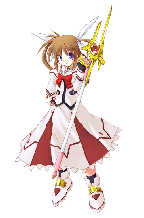 alternate_color bow fingerless_gloves gloves lyrical_nanoha magazine_(weapon) magical_girl mahou_shoujo_lyrical_nanoha mahou_shoujo_lyrical_nanoha_a's mizuno_minato purple_eyes raising_heart red_bow red_hair solo takamachi_nanoha twintails