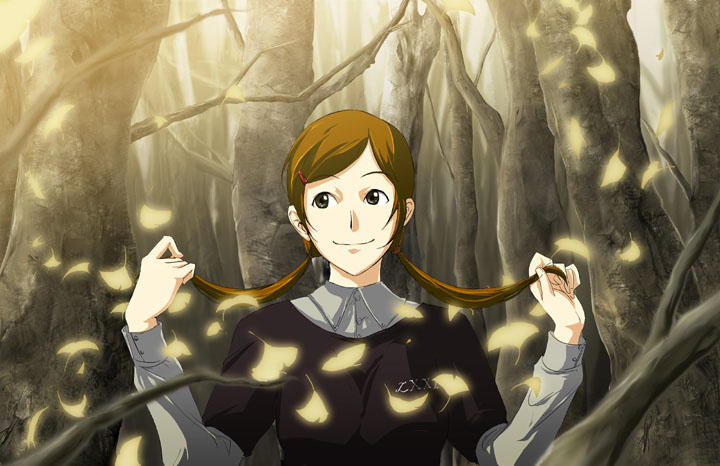 71 copyright_request forest holding holding_hair leaf nature solo tree twintails