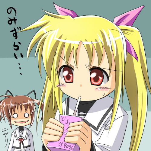 bangs blonde_hair fate_testarossa lowres lyrical_nanoha mahou_shoujo_lyrical_nanoha multiple_girls school_uniform seishou_elementary_school_uniform takamachi_nanoha translated