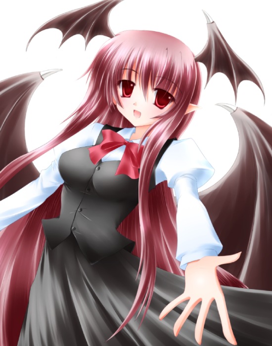 breasts demon_wings head_wings koakuma long_hair medium_breasts outstretched_arms outstretched_hand pointy_ears red_eyes red_hair shirotsuki_kouta smile solo touhou wings