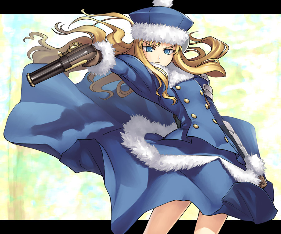aiming arm_at_side armor blonde_hair blue_eyes blue_hat blue_skirt brown_gloves double-breasted floating_hair fur_trim gloves gun gunner handgun hat legs_apart letterboxed long_hair long_sleeves looking_at_viewer outstretched_arm pom_pom_(clothes) sekaiju_no_meikyuu skirt skirt_lift skirt_set solo tanaka_shoutarou upper_body weapon