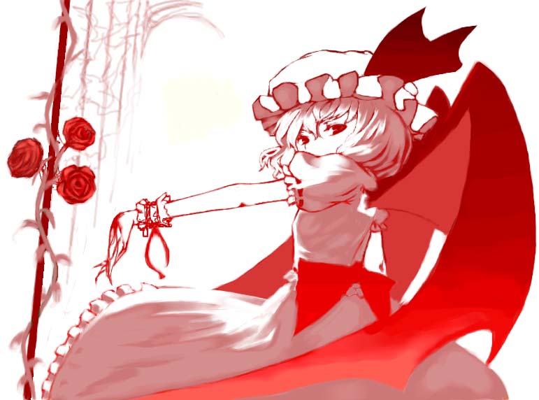 circlek flower hat monochrome red red_flower red_rose remilia_scarlet rose solo touhou wings
