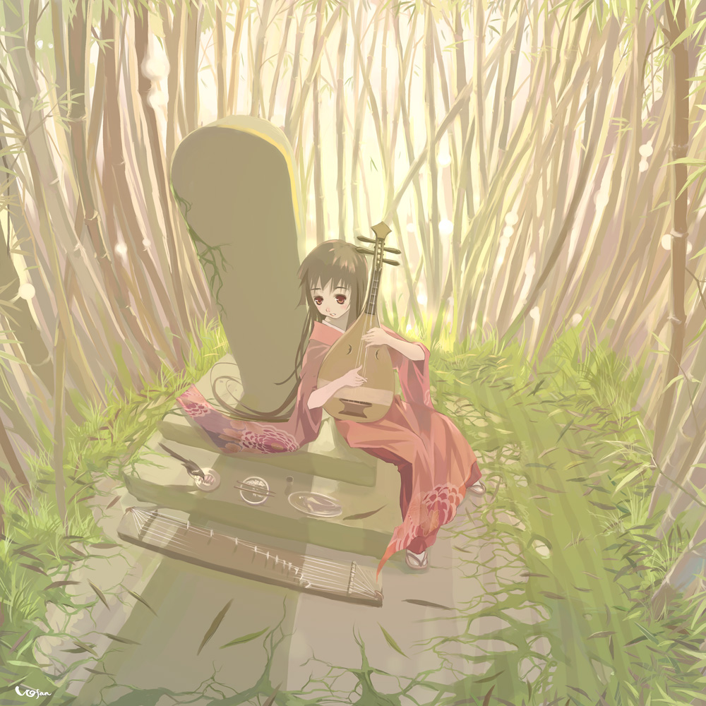 bamboo bamboo_forest bird brown_hair chopsticks forest grave instrument japanese_clothes kimono koto_(instrument) nature original qin_(instrument) red_eyes solo vofan