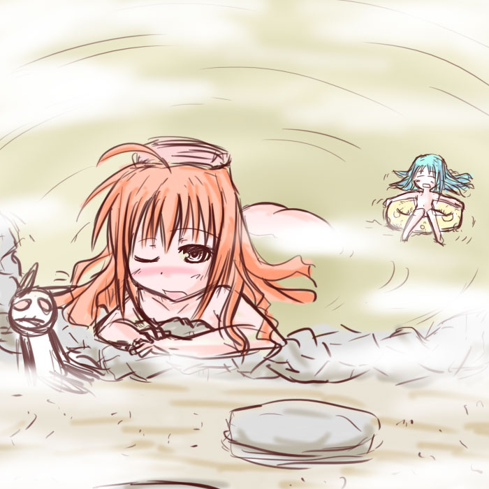 ;o afloat ass bathing blush green_eyes green_hair looking_at_viewer lyrical_nanoha mahou_shoujo_lyrical_nanoha_strikers mamoi multiple_girls one_eye_closed onsen open_mouth orange_eyes orange_hair partially_submerged reinforce_zwei rock steam vita water