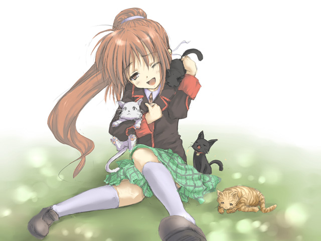 ;d animal blush cat full_body fur green_skirt head_tilt little_busters! loafers long_sleeves natsume_rin one_eye_closed open_mouth plaid plaid_skirt pleated_skirt satou_takeshi shoes skirt smile solo thighhighs too_many too_many_cats whiskers white_legwear