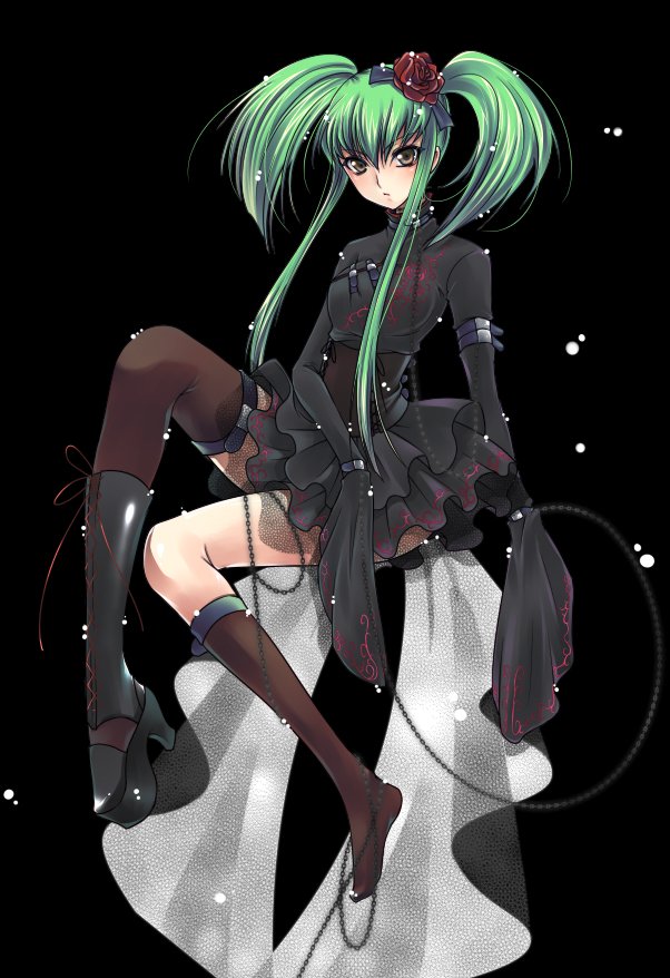 asymmetrical_clothes bad_id bad_pixiv_id black_background brown_eyes c.c. code_geass flower full_body green_hair hair_flower hair_ornament red_flower red_rose rose shoes single_shoe single_thighhigh solo thighhighs twintails yukian