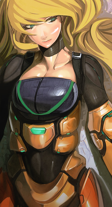 armor blonde_hair choker green_eyes kichin_yarou long_hair metroid samus_aran shiny shiny_clothes skin_tight solo zero_suit