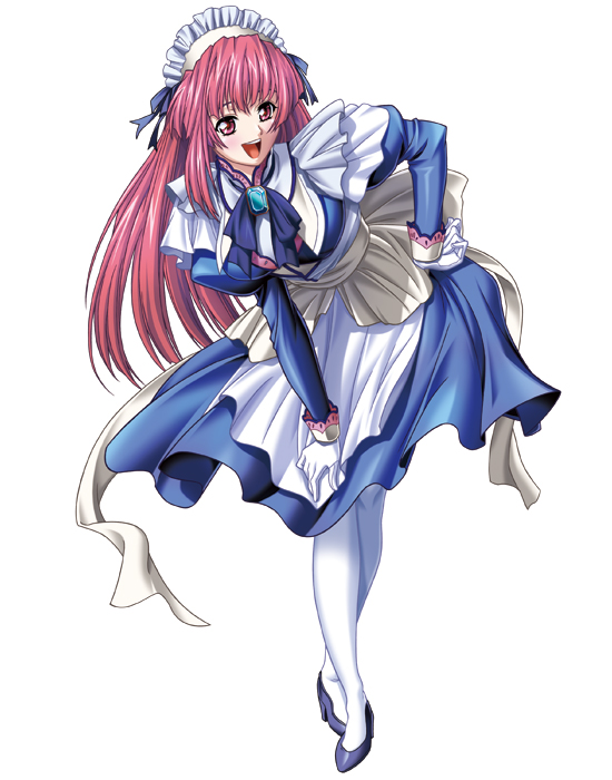 bent_over crossed_legs dress gloves hand_on_hip high_heels long_hair lycoris_radiata maid pantyhose red_eyes red_hair shoes sitting solo tsuzuri_(lycoris_radiata) very_long_hair white_legwear yokota_mamoru