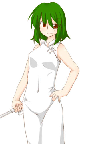 bare_shoulders covered_navel eyebrows eyebrows_visible_through_hair green_hair hair_between_eyes hand_on_hip holding holding_umbrella kazami_yuuka lowres morino_harifu red_eyes short_hair smile solo touhou umbrella vietnamese_dress