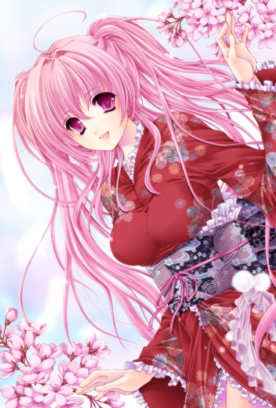 ahoge bad_id bad_pixiv_id bangs breasts cherry_blossoms copyright_request dutch_angle frills hagiwara_rin hair_between_eyes japanese_clothes kimono large_breasts long_hair long_sleeves looking_at_viewer obi open_mouth pink_eyes pink_hair ribbon sash smile solo twintails