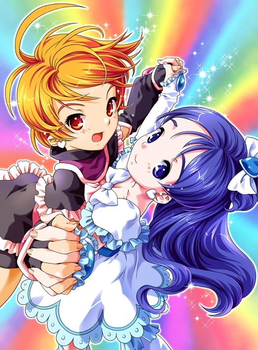 cure_black cure_white futari_wa_precure half_updo magical_girl misumi_nagisa multiple_girls nekomata_naomi precure rainbow_background yukishiro_honoka