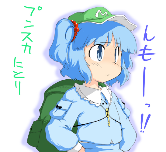 backpack bag blue_dress blue_eyes blue_hair collar dress flat_cap from_side golden_pe_done hair_bobbles hair_ornament hat kawashiro_nitori key long_sleeves solo touhou two_side_up upper_body