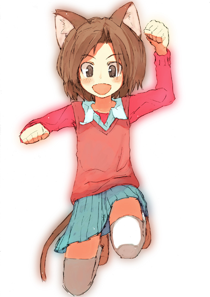 animal_ears cat_ears copyright_request jumping paw_pose shuzoku_fumei skirt solo sweater tail thighhighs zettai_ryouiki