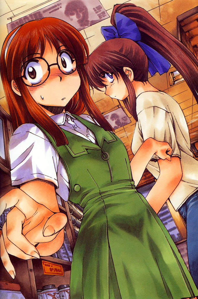 blue_eyes blush brown_eyes brown_hair casual denim dress dutch_angle glasses hair_ribbon inoue_sora jeans long_hair mitsurugi_ryouko multiple_girls pants ponytail real_bout_high_school red_hair ribbon shirt shirt_tug shop t-shirt yuuki_hitomi