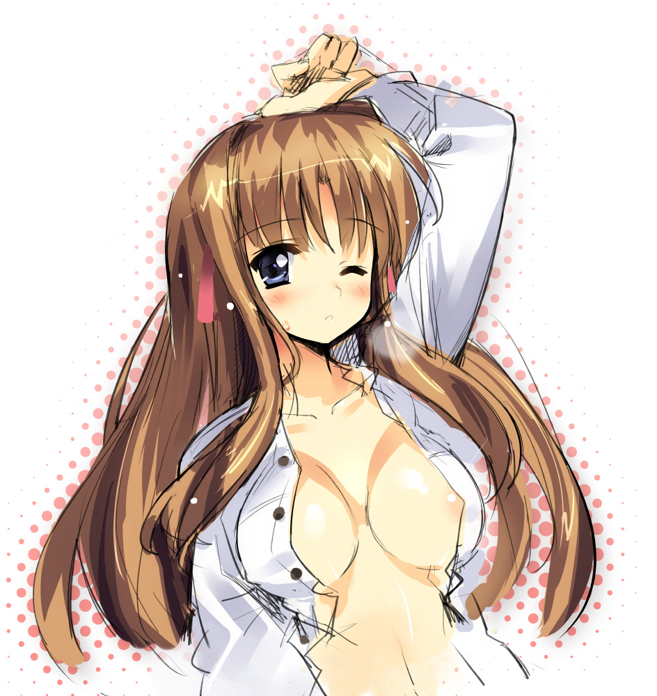 areolae blue_eyes blush breasts brown_hair cleavage large_breasts long_hair one_eye_closed open_clothes open_shirt original shirt sikorsky sketch solo
