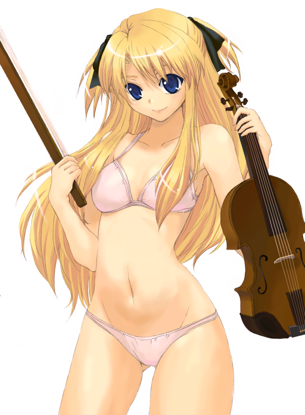 blonde_hair blue_eyes bra instrument kajo lingerie long_hair panties quiz_magic_academy shalon solo underwear underwear_only violin