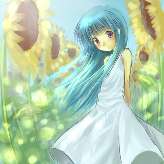 bangs blue_hair dress flower furude_rika higurashi_no_naku_koro_ni kichiroku long_hair purple_eyes solo sunflower