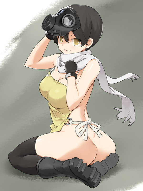 apron ass black_footwear black_gloves black_hair black_legwear boots breasts cleavage full_body gas_mask gloves grey_background large_breasts looking_at_viewer naked_apron nora_higuma original scarf short_hair smile solo thighhighs yellow_eyes
