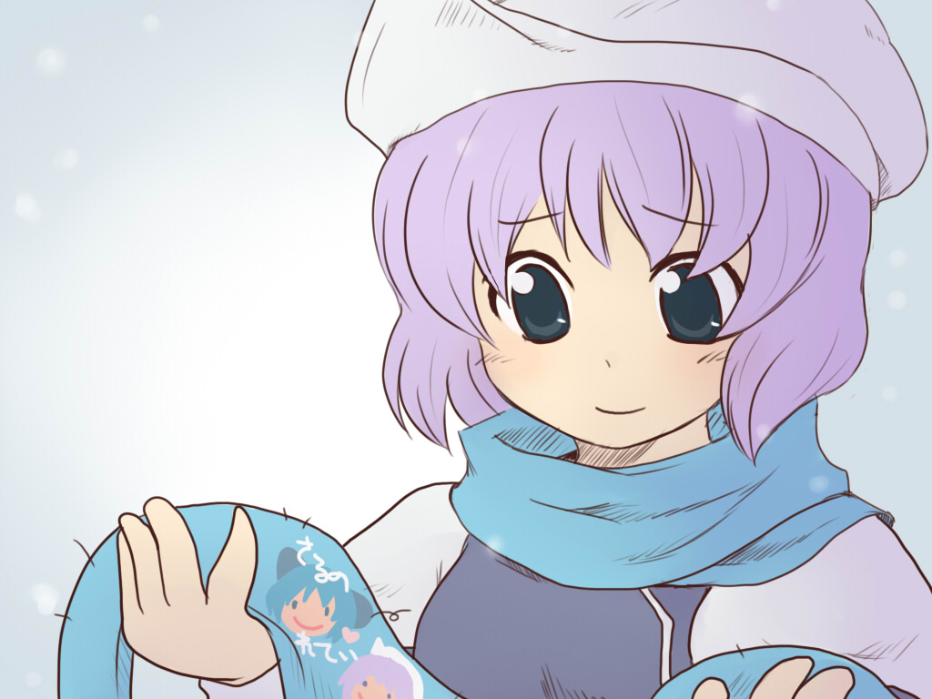 aoi_tobira beret black_eyes blue_scarf child_drawing hat holding lavender_hair letty_whiterock scarf short_hair smile solo touhou upper_body winter_clothes