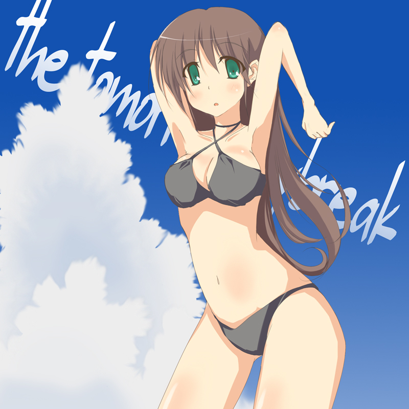 :o armpits arms_up bare_shoulders bikini blue_sky brown_hair cloud criss-cross_halter day green_eyes halter_top halterneck looking_at_viewer midriff navel original parted_lips sky solo stomach suu_(artist) swimsuit