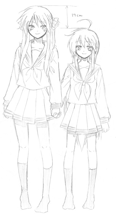 greyscale height_difference hiiragi_kagami izumi_konata kochoko lucky_star monochrome multiple_girls ryouou_school_uniform school_uniform serafuku sketch yuri