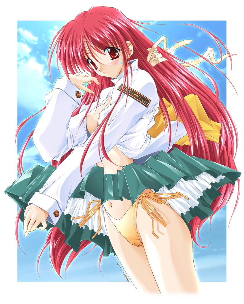asuka_keisuke blush breasts cameltoe cecil_(lunar_wing) cloud dated day dress_shirt embarrassed hair_ribbon long_hair lunar_wing medium_breasts midriff navel no_bra open_clothes open_shirt outdoors panties pleated_skirt red_eyes red_hair ribbon shirt side-tie_panties signature skirt skirt_lift sky solo standing sweatdrop turtleneck underwear very_long_hair yellow_panties