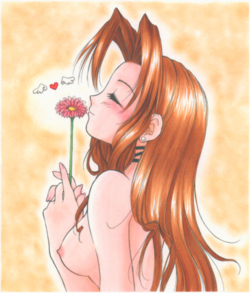 ^_^ aerith_gainsborough artist_request blush breasts closed_eyes earrings final_fantasy final_fantasy_vii flower from_side heart holding holding_flower jewelry long_hair medium_breasts nipples nude orange_hair simple_background smelling smile solo upper_body wings yellow_background