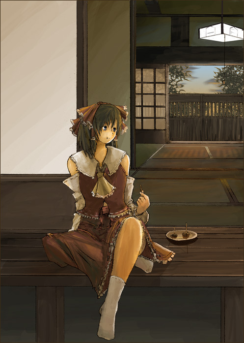 :t bad_id bad_pixiv_id detached_sleeves eating food hakurei_reimu kamin sitting socks solo tatami touhou veranda