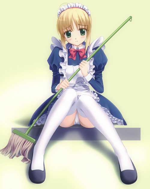 alternate_costume artist_request artoria_pendragon_(all) blonde_hair blush enmaided fate/stay_night fate_(series) flats green_eyes holding maid mop panties pantyshot ribbon saber short_hair simple_background sitting solo thighhighs underwear